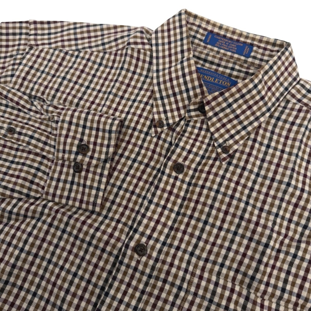 Pendleton Canterbury Cloth Shirt Mens M Brown Plaid Cotton Merino Wool Blend LS